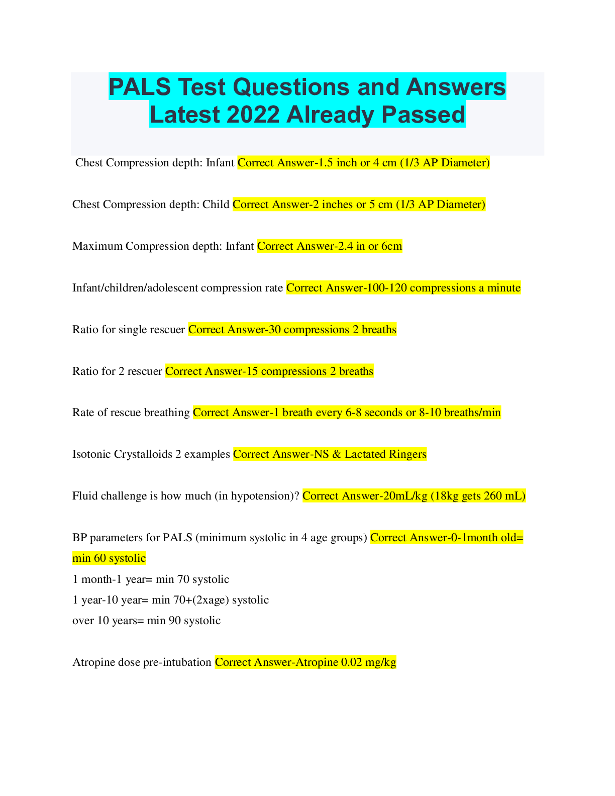 PALS Test Questions and Answers Latest 2022 Already Passed Browsegrades